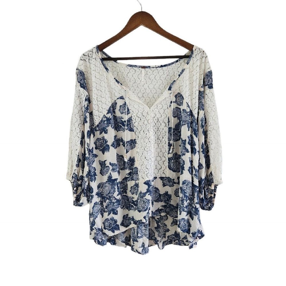 Free People Moon River Floral Lace 3/4 Sleeve Peasant Blouse Blue White Small